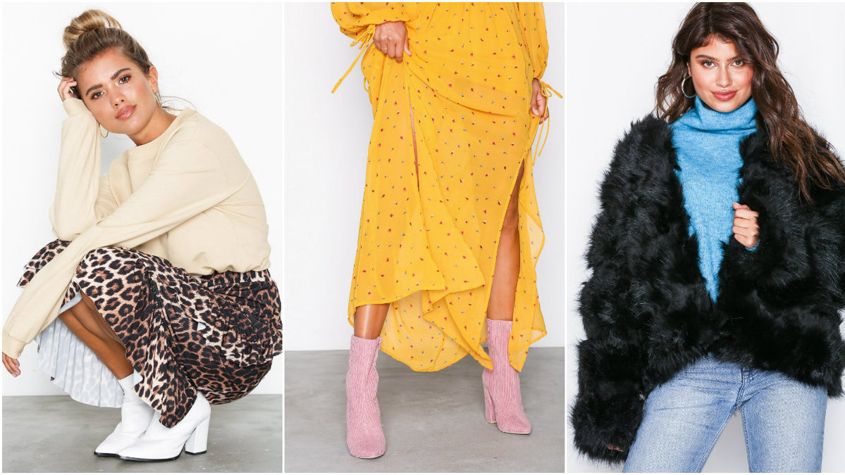 Tjej i leopardkjol, rosa boots, gul klänning, tjej med päls.