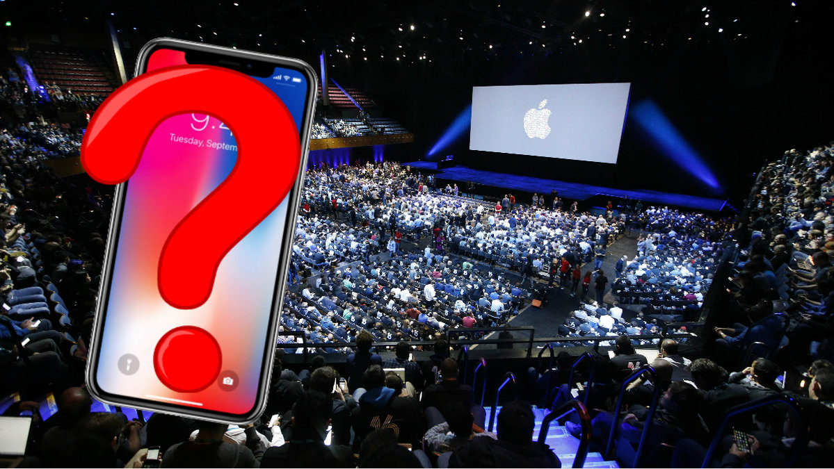 Frågetecken över en Iphone i bakgrunden Apple keynote 2016.